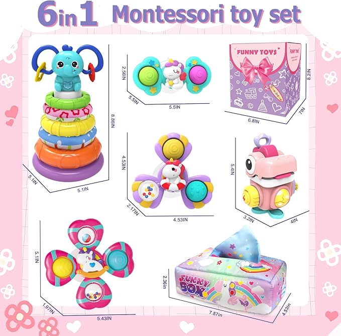 4 in 1 Baby Toys 6 to 12 Months,Learning Toys for Babies 6 12 18 Months, Infant Toys Stacking Rings,Busy Cube,Spinner Toys,Tissue Box Toy,Sensory Educational Gift for Toddlers Aged 1-3