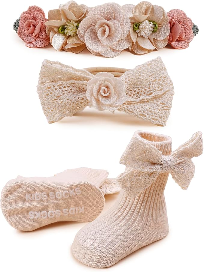 Baby Girls Headband & Socks Set, Cute Socks with Flower Hair Bows Baby Accessories Gifts for Newborn Infant Toddler