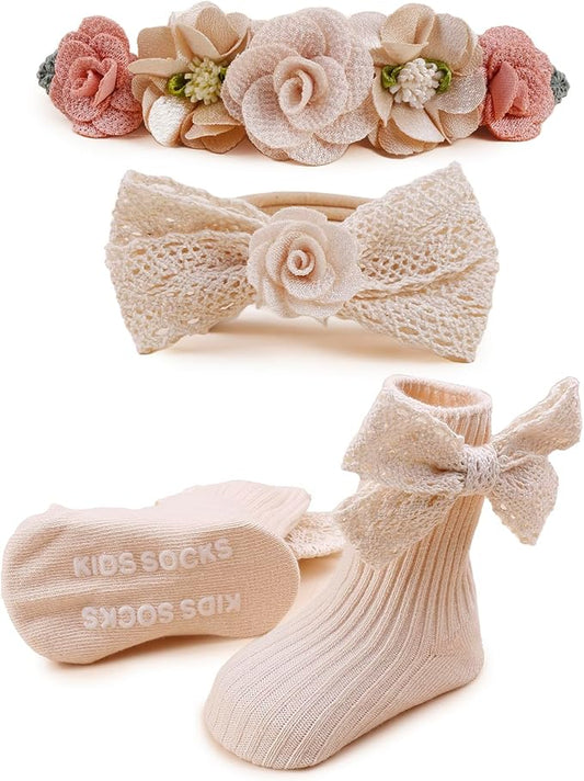 Baby Girls Headband & Socks Set, Cute Socks with Flower Hair Bows Baby Accessories Gifts for Newborn Infant Toddler