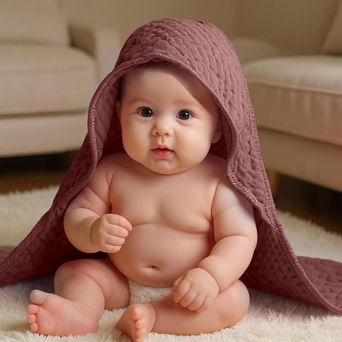 Peryiter 6 Pcs Muslin Hooded Baby Towels, 32"x 32" Cotton Newborn Bath Towel Muslin Infant Baby Blankets Absorbent Unisex Newborn Registry Gift Essentials for Girls Boys (Pink,Blush,Red)