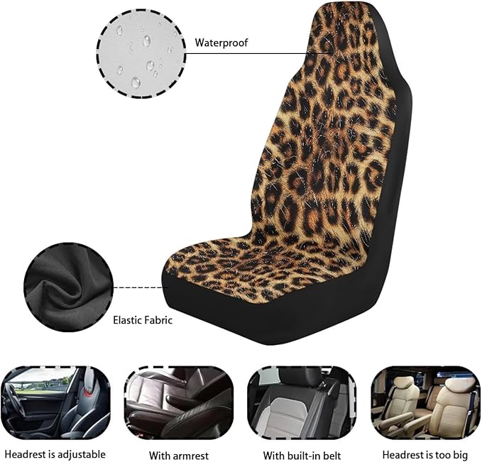 Leopard Car Front Seat Covers Waterproof Car Seat Cover Easy Installation Breathable Front Seat Cover Protection Interior Accessories Universal for Auto Truck Van SUV 2 Pcs