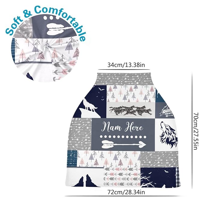 Personalized Baby Car Seat Cover for Boys Girls, Custom Nursing Covers for Breastfeeding with Name, Infant Stroller Cover, Baby Carseat Canopy for Newborn, Multiuse Car Seat Canopies, Wild Wolf