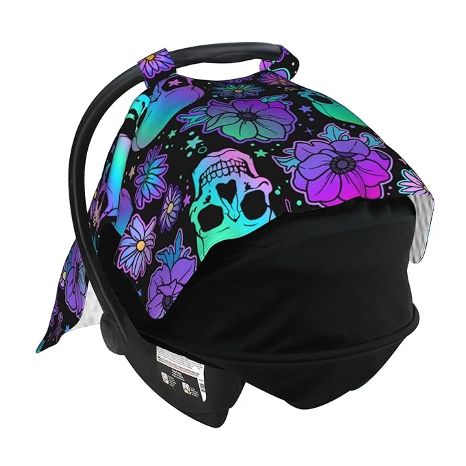 Neon Purple Skull Car Seat Covers for Babies Peekaboo Opening Carseat Cover Soft Nursing Stroller Cover Canopy for Shower Gift Newborn
