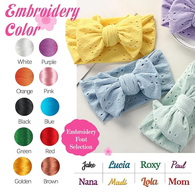 Ulico 2 Pack Personalized Girls Headband with Name,Custom Baby Girls Headband,Girls Embroidered Headbands,Newborn Headbands with Bow