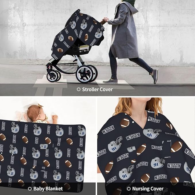 Personalized Baby Car Seat Canopy with Name, Football Theme Nursing Cover & Infant Car Seat Canopy, Shower Gift for Newborn Baby Boys