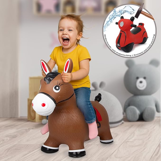 JAMARA 460597 Bouncy Horse with Pump-up to 50 kg, Promotes Balance and Motor Skills, Robust and Durable, Easy to Clean, Brown