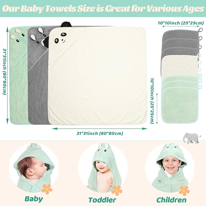 Sublaga 12 PCS Baby Towels, 3 PCS Soft Hooded Baby Towels & 9 PCS Washcloths, Baby Bath Towels for Newborns, Infants & Toddlers- Ultra Absorbent, Cute Baby Towel Gift for Boys & Girls
