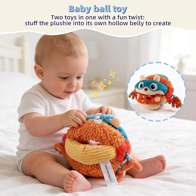 Car Seat Toys Hanging Baby Sensory Ball, Infant Roadtrip Travel Toys 0-6-12 Months with Rattle, Squeaky, Crinkle,Teether, Textures, Soft Montessori Plush Toys Newborn Gift Boys Girls
