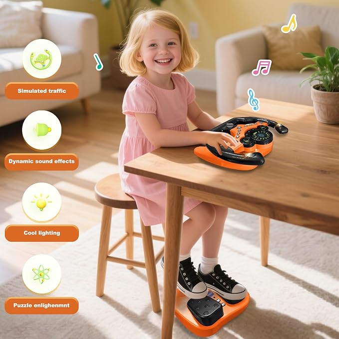 RedCrab Steering Wheels with Brake and Gas Pedals Toy for Kids,Pretend Driving Seat Toys with Light and Music,Simulated Driving for Toddlers,Baby Electric Early Learning Educational Toys (Orange)