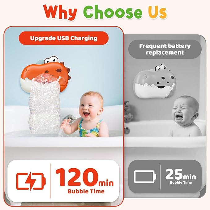 Baby Bath Toys, Rechargeable Dinosaur Bath Bubble Machine with Music, Bathtime Bathtub Toys for Toddlers Birthday Easter Gifts, Bubble Maker Toys for Kids Ages 1-3 4-8 Baby Gifts (Red)
