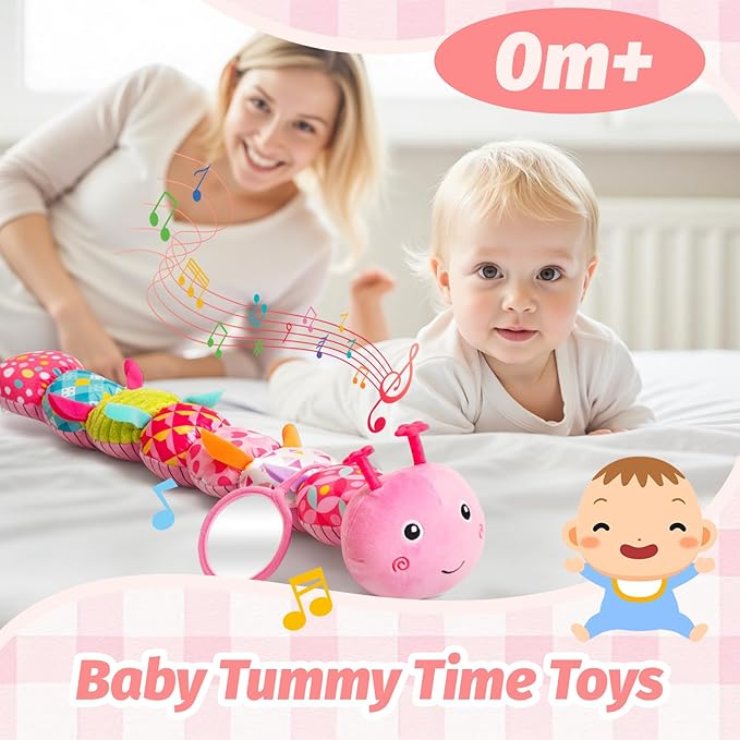 Baby Toys 0-6 Months, Musical Caterpillar Plush Toy with Rattles,Crinkle Sound, Mirror, Newborn Sensory Toys for Infants Developmental Stuffed Animal with Tummy Time for Boys Girls 6-12 Month (Pink)