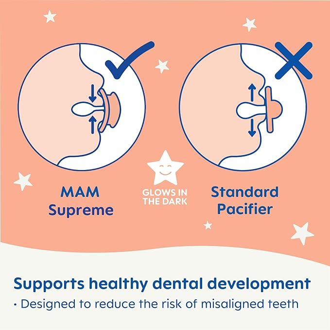 MAM Supreme Baby Pacifier, Newborns 16+ Months, Developed with Orthodontists, Extra Air Flow for Sensitive Skin, Glows in The Dark, BPA-Free Silicone, Sterilizer Case, Pack of 2, Made in Europe