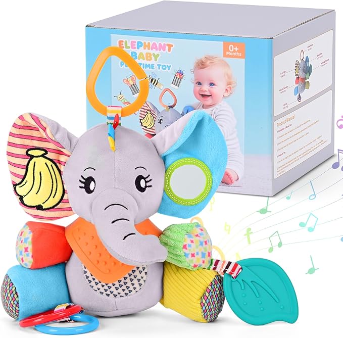 Baby Toys 0-6-12 Months: Elephant with Detachable Touch-Sensitive Sound Box (30 Sounds), Removable Bib, Teether, Rattle, BB Squeaker, Mirror | Attaches to Strollers, Car Seats, Carriers
