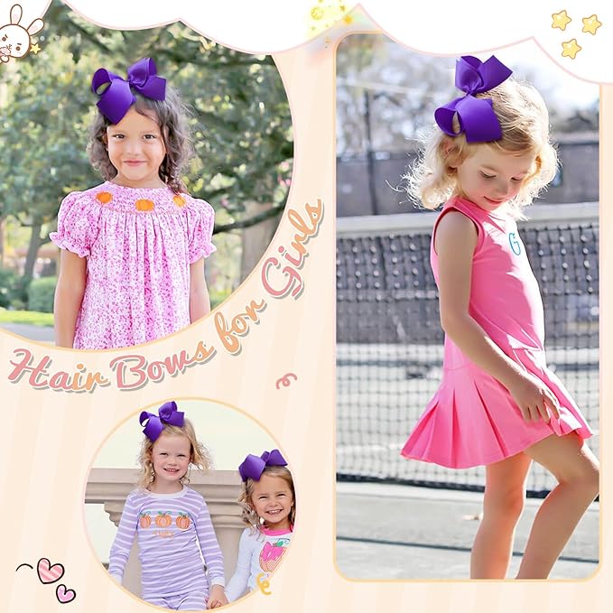 Oaoleer Hair Bows Clips, 2PCS 6inch Purple Layered Grosgrain Ribbon Bows Hair Alligator Clips for Baby Girls Infants Toddlers Kids Teens Children