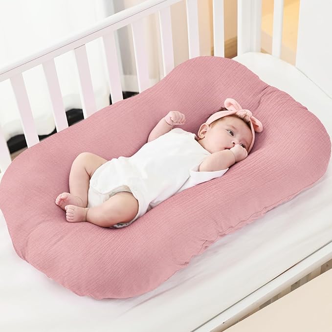 FUNUPUP Muslin Baby Lounger Cover Compatible with Snuggle Me Lounger, Infant Lounger Pillow Cover for Newborn, Removable Newborn Lounger Cover for Boys and Girls, Only Cover, Pink&Pink Flower