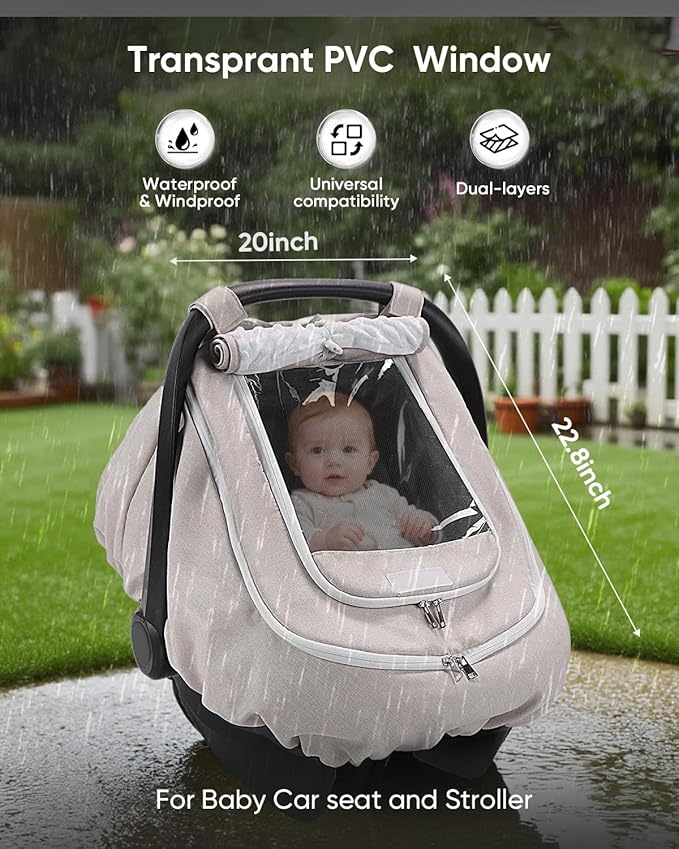 TinlyFinly Waterproof Car Seat Cover for Baby, 2-Layer Car Seat Rain Cover with Clear Window & Sunshade & Mesh Cover, Universal Infant Carseat Canopy for Stroller, Protect from Rain and Snow - Beige