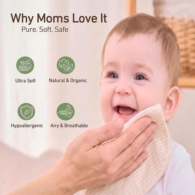 10-Pack Organic Cotton Baby Washcloths | Ultra-Soft Newborn Face Bath Towel - Reusable Baby Wipes for Delicate Skin Thin & Lightweight, Perfect for Babies, Kids, Toddlers, Infant (Stripes)