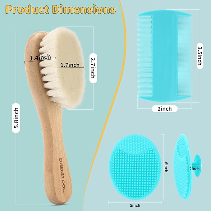 DEBETOOL Cradle Cap Brush and Comb Set with Baby Hair Brush - 3-Piece Wooden Baby Brush Kit for Newborns and Infants