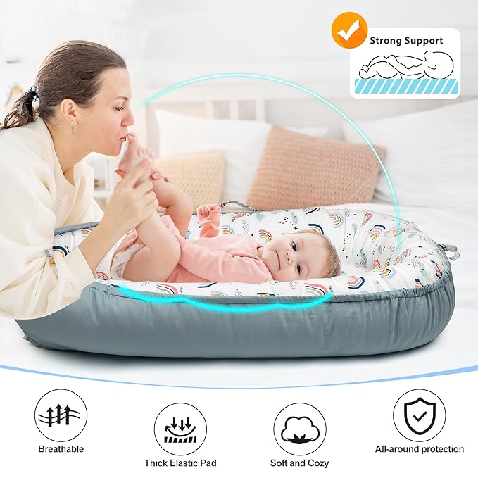 BUTOA Baby Lounger - Baby Lounger for Newborn 0-24 Months, Breathable & Soft Baby Nest, Portable and Lightweight Lounger for Home and Travel, Ideal Newborn Babies Essentials (Blue-Rainbow)