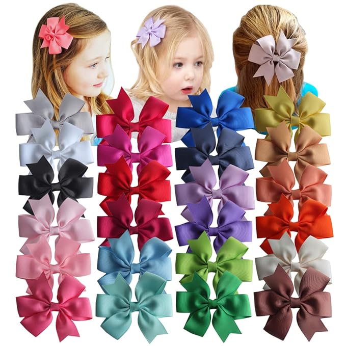 24 Colors Boutique Hair Bow Clips for Little Girls Grosgrain Ribbon Bow Alligator Hair Clip Toddler Baby Girl Kids Teens Hair Accessories (24 pcs/3.5 Inch Pinwheel)