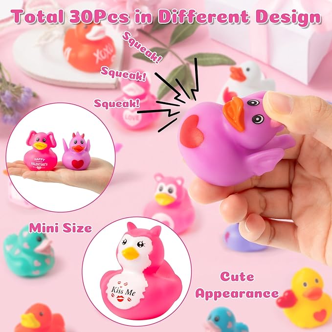 Haooryx Valentine‘s Day Rubber Duck Toys - 30 Pcs Novelty Squeeze Duck Bulk Assorted Cute Duckies Bath Toy Bathtub Decoration for Baby Shower Valentines Birthday Gift Wedding Party Goodie Bag Fillers