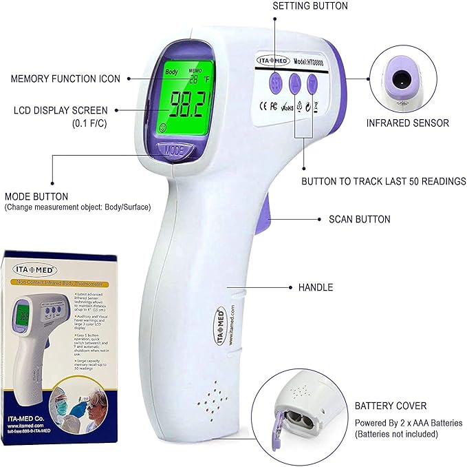 ITA-MED Digital Non-Contact Infrared Forehead Thermometer for Adults & Kids, Accurate Instant Reading, Dual Mode Body & Surface ˚C / ˚F, Intelligent Temperature/Fever Alert, Batteries Included