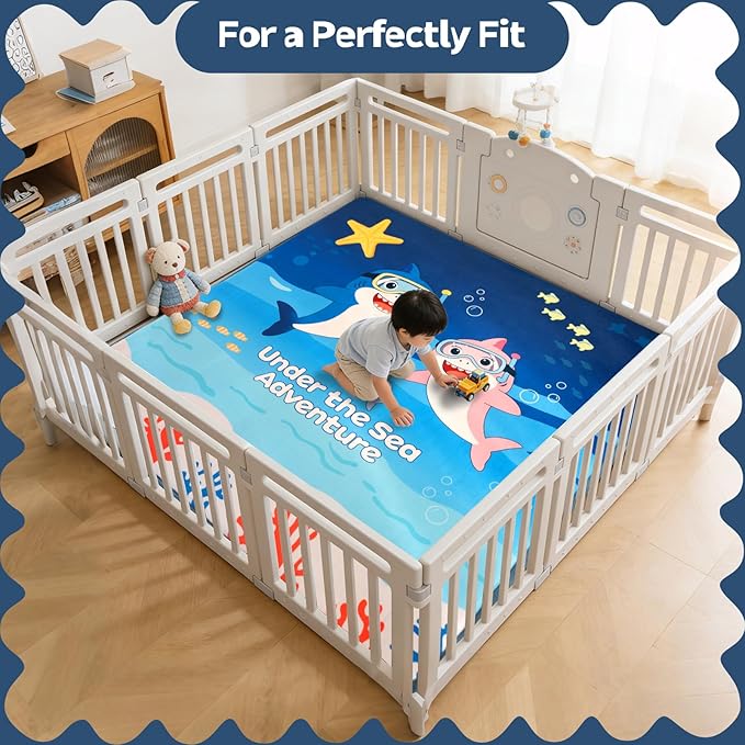 RONGFA Baby Play Mat 50x50x1.3 Inch, Memory Foam Crawling Mat, Non-Slip Water-Repellent Playpen Mat, Soft Cushioned Floor Mat for Infants Toddlers (Sea)