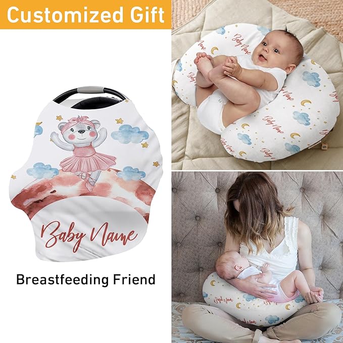Custom Car Seat Covers for Babies - Breathable Baby Car Seat Cover for Girls Boys, Kick-Proof Newborn Carrier Canopy Stretchy Stroller Cover for 4 Seasons Pink Bear Print(27"x29")
