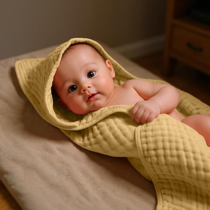 VitalCozy 8 Pcs Baby Muslin Hooded Bath Towels and Washcloths Muslin Cotton Hooded Baby Towels Absorbent Blankets for Gift Newborn Infant Shower (32 x 32 Inch,Nature Colors)