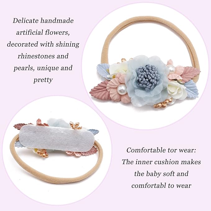 Baby Girl Flower Headband 6 PCS Elastic Hairbands Handmade Nylon Bows Headbands Chic Floral Hair Accessories Kids Gifts for Newborn Infant Toddlers