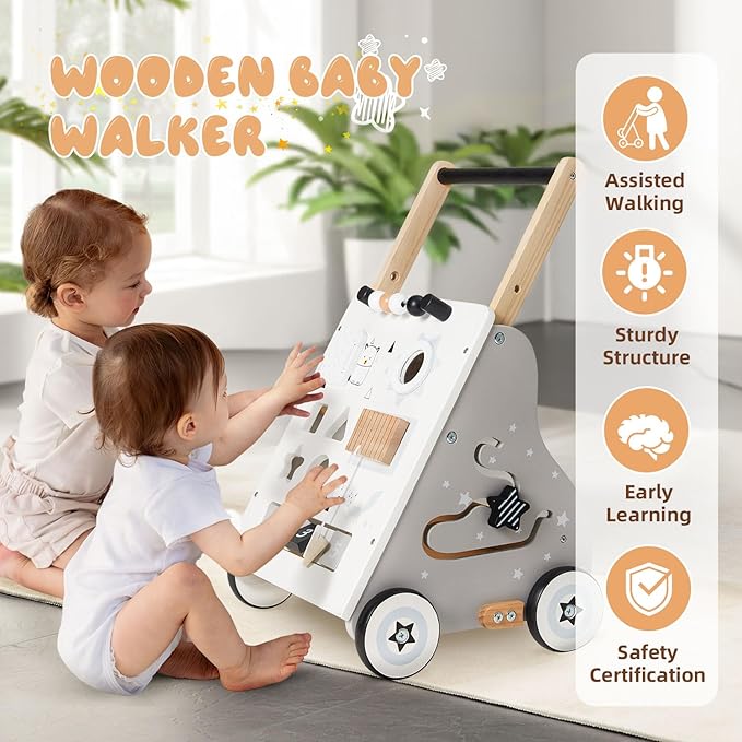 Wooden Baby Walker, Baby Push Walker with Wheel, Push and Pull Toys Learning to Walk, Montessori Walker Toy for Kids Development, Adjustable Speed and Height