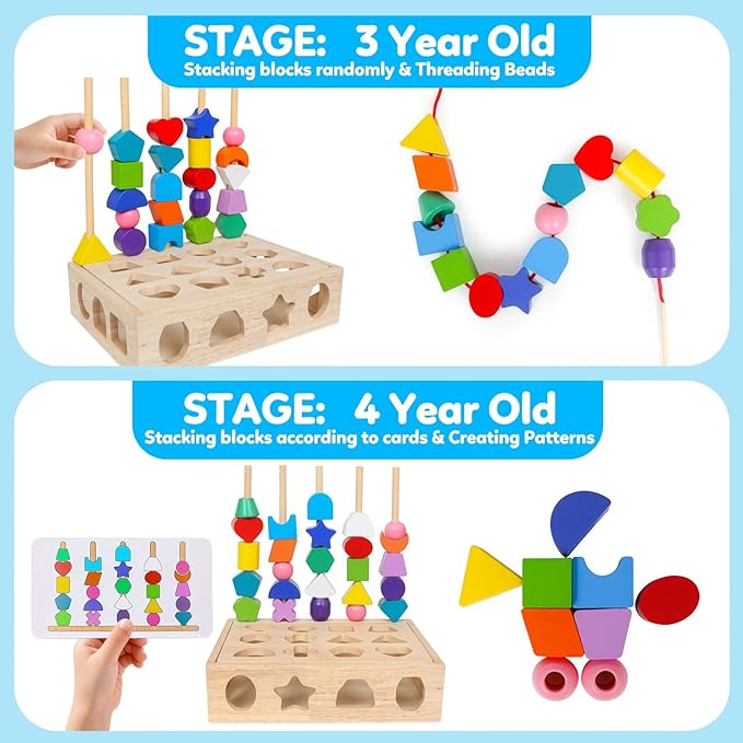 ROOCHKD Wooden Sorting Toy Montessori Color & Shape Sorter Lacing Beads Sequencing Toy Class Activity Toddlers Fine Motor Game for Colors and Shapes Learning, Birthday Gifts for Boys and Girls