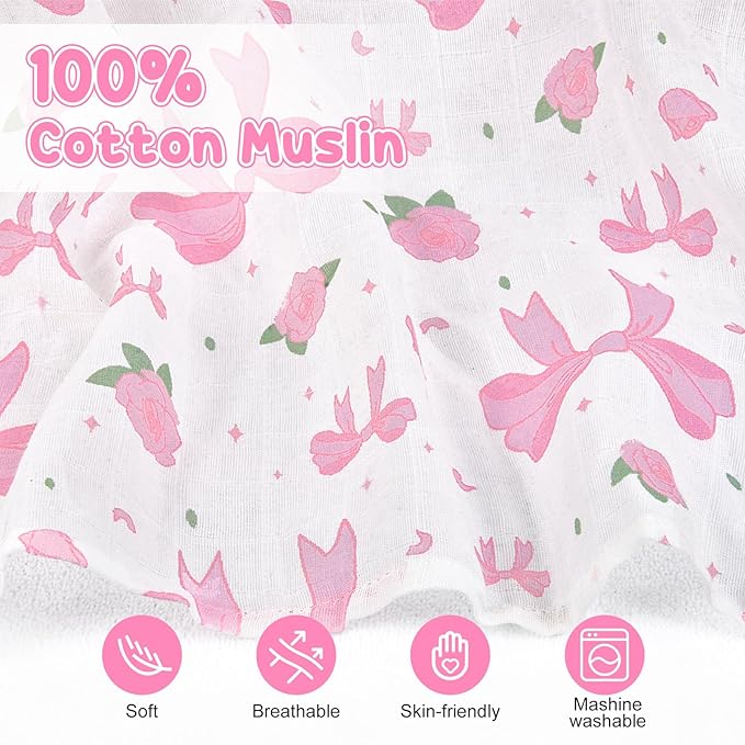 Car Seat Cover Baby, 100% Muslin Cotton Infant Car Seat Canopy, Universal Baby Car Seat Cover, Breathable Nursing Cover Canopy Shower Gift Pink Bow