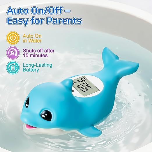 Baby Bath Thermometer for Newborn – Digital Bathtub Water Temperature Thermometer – Floating Dolphin Bath Toy, °C/°F Display, Waterproof & BPA-Free