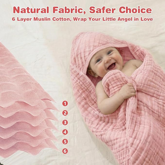 Hooded Baby Bath Towels for Newborn, 2 Pack - 6-Layer 100% Muslin Cotton, Soft Absorbent Baby Towels with Hood for Babies, Infants & Toddlers, Large 32x32 Inch Unisex Newborn Baby Bath Essentials