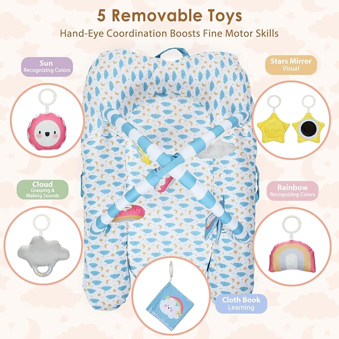 7-in-1 Baby Play Mat & Activity Gym, 0-12 Months Multi-Use Play Center with 5 Hanging Sensory Toys, Early Skill Building, Stars