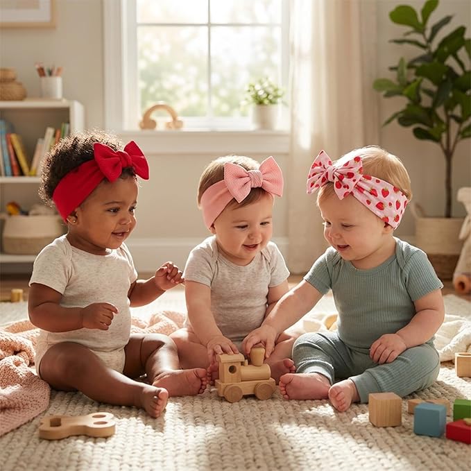 Qchengsan 3 Pack Baby Girl Headbands with Bows, Soft Stretchy Nylon Hair Accessories for Newborn Infant Toddler, Cute Strawberry Shortcake Baby Stuff, Red Pink Ribbon for Photos, Shower Gifts