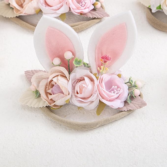 KIDOCHEESE Baby Girl Floral Easter Bunny Ears Headband Rabbit Ears Nylon Hairband for Newborn Infant Toddler Easter Hair Accessories Gift