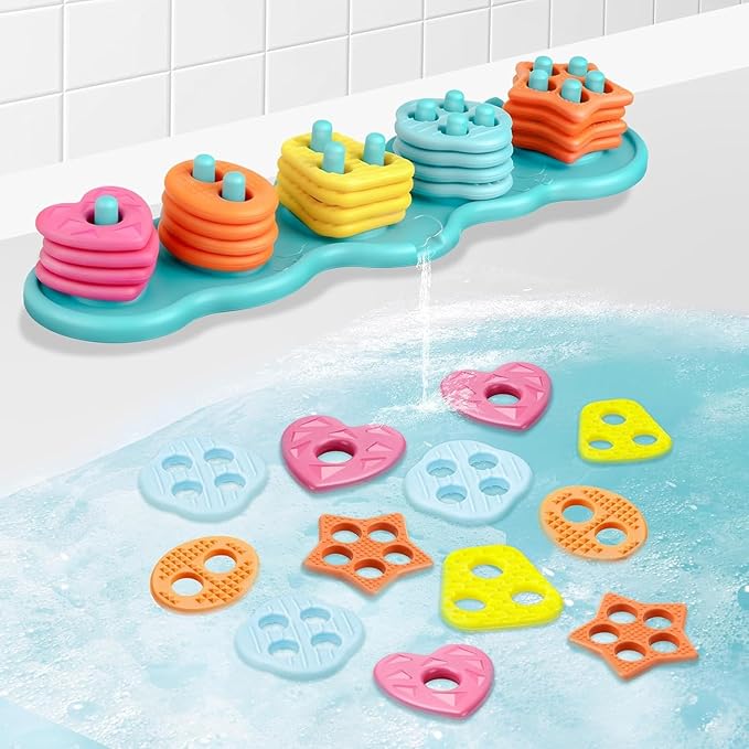 Baby Bath Toys, Mould Free Silcone Shape Sorting & Stacking Bath Toy Set, No Hole No Mold Silicone Color & Shape Sorter Bathtub Toy Early Learning Sensory Toys for Toddler