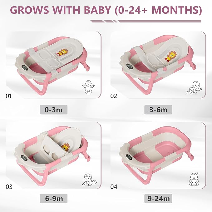 MoreFeel Foldable Baby Bathtub with Thermometer - 4-in-1 Grow-with-Me Collapsible Infant Tub (Newborn to Toddler) with Adjustable Mesh Sling - Space Saving Design