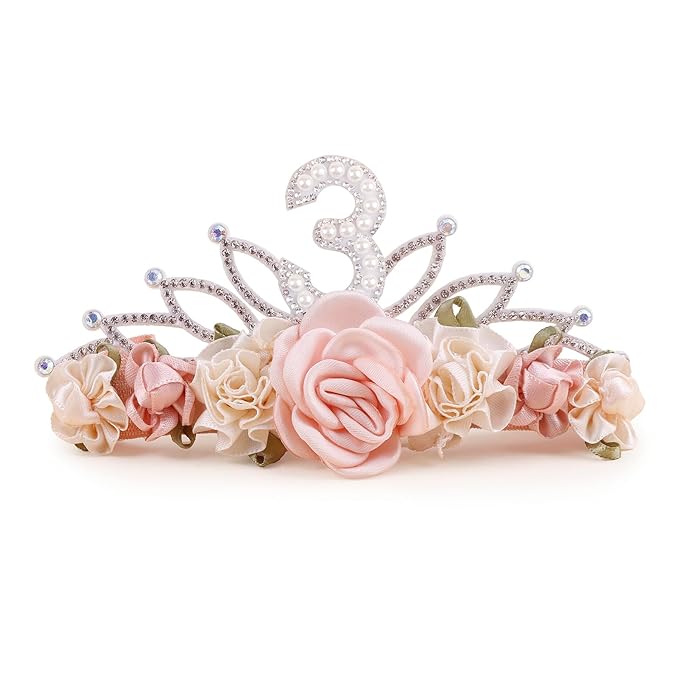 cherrboll Flower Headband Birthday Crown for Girl, Floral Nylon Hairband for 1-3 Years Old Toddler, 3rd Birthday Party Dress Photo Decoration Hair Accessory