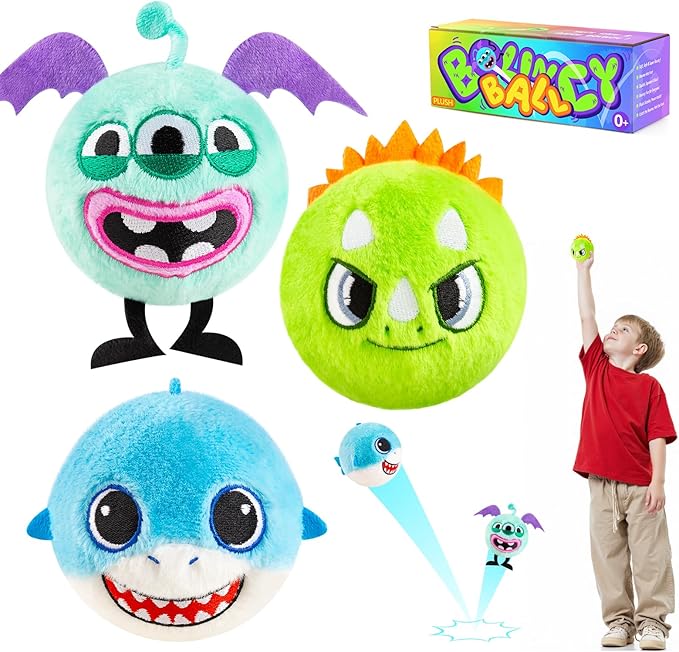 ZOOJOY 3 Pcs Plush Bouncy Balls for Toddlers 1-3, 3-Inch High Bounce Sensory Toys Featuring Dinosaur, Shark & Monster, Soft Game Balls Gift for Boys 6 Months+, Indoor & Outdoor Play