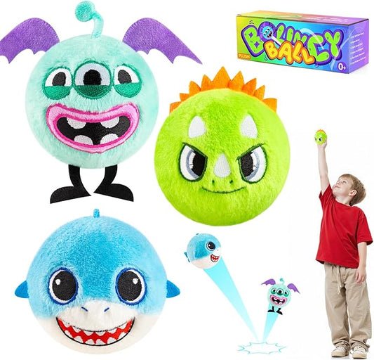 ZOOJOY 3 Pcs Plush Bouncy Balls for Toddlers 1-3, 3-Inch High Bounce Sensory Toys Featuring Dinosaur, Shark & Monster, Soft Game Balls Gift for Boys 6 Months+, Indoor & Outdoor Play