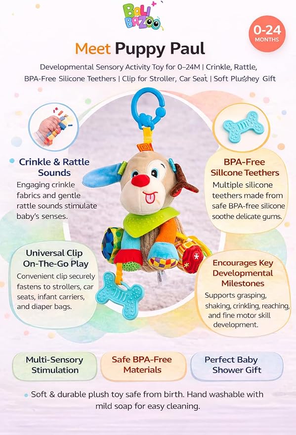 Balibazoo Puppy Paul Hanging Baby Toy for 0-24M - Developmental Sensory Activity Toy | Crinkle, Rattle, BPA-Free Silicone Teethers | Clip for Stroller, Car Seat | Soft Plush Newborn Gift