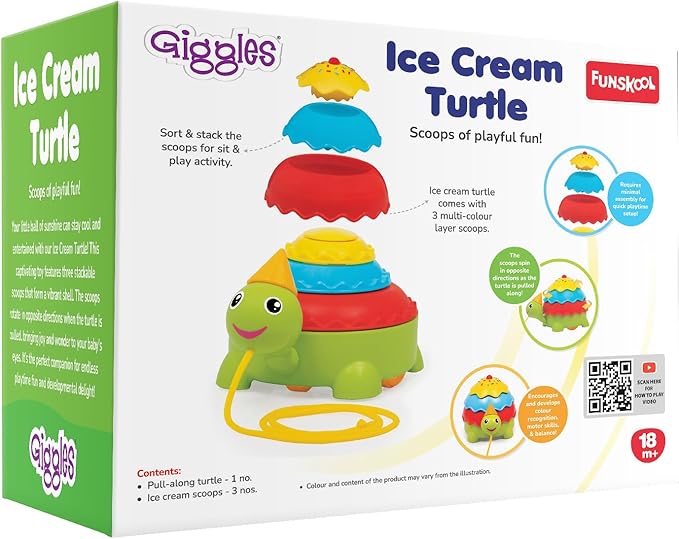 Giggles Funskool Pull Along Turtle, Activity & Learning Toy for Babies, Toddlers, for Baby Boys & Girls, Encourage Walking, Improve Balance, Multicolour, Gift Set for Kids, Ages 18+ Months Pack of 1
