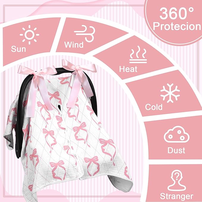 Tegeme 2-in-1 Pink Bow Muslin Baby Car Seat Cover Breathable Multi-use Nursing Infant Car Seat Cover Windproof Canopy for Breastfeeding Strollers Carriers