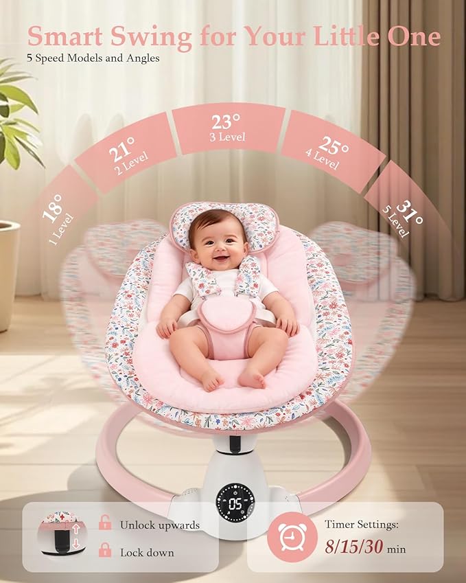 Baby Swing for Infants, Electric Baby Swing with Bluetooth, Portable Infant Swing with 5 Speeds, 10 Lullabies, 5-Point Harness & Remote Control, for Newborns Infants Indoor Outdoor Use (Pink)