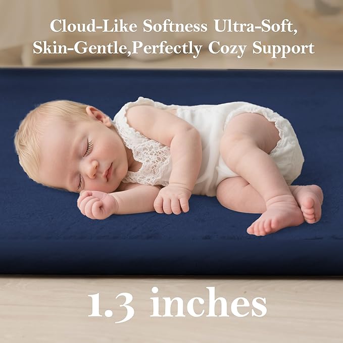 Baby Play Mat for Floor, 1.3"Thick Extra Large Cushioning Memory Foam Playpen Mat, Soft Coral Velvet Baby Crawling Mat with Non-Slip Backing for Toddlers,Infants,Kids,Yoga Mat (Dark Blue 79"×118") ﻿