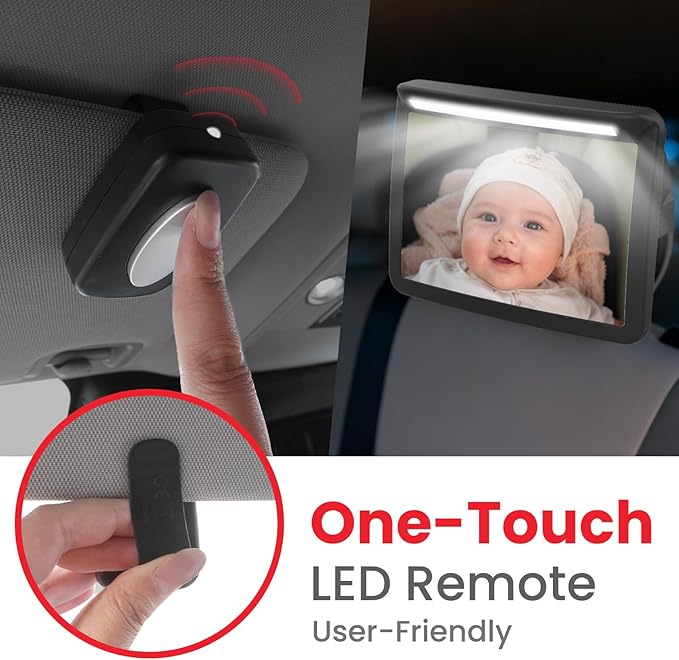 Baby Car Mirror with Light & Remote Control - Night Vision Rear Facing Car Seat Mirror, Clear Vision, 360° Rotation Rear Facing Car Seat Mirror, Shock and Shatter Resistant