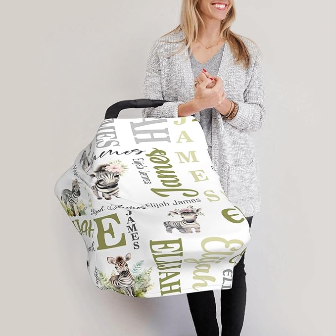 Personalized Baby Car Seat Covers for Babies, Custom Zebra Nursing Breastfeeding Carseat Canopy with Name, Infant Stroller Covers for Newborn Girls Boys, Breathable Carseat Cover